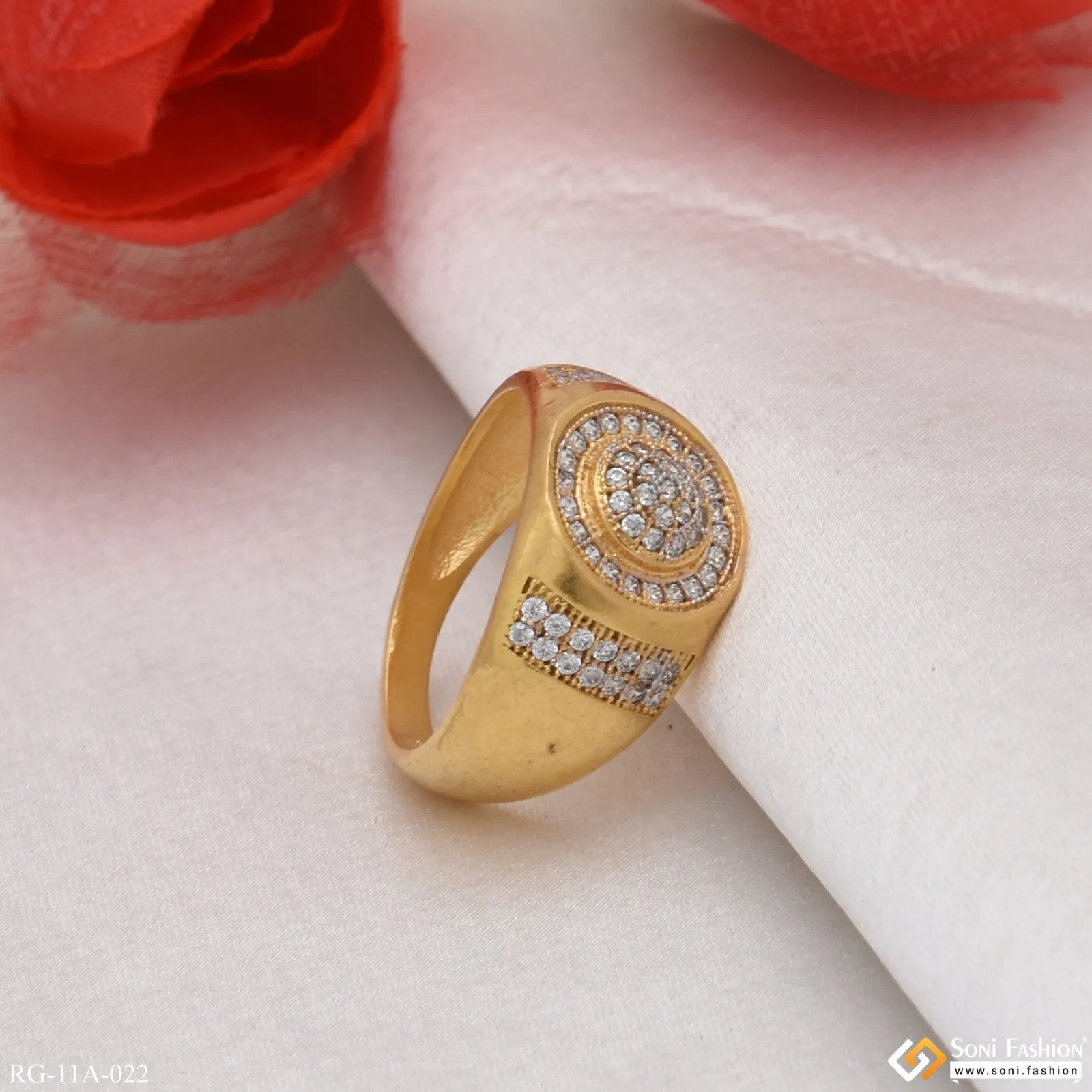 1 Gram Gold Forming Round With Diamond Gorgeous Design Gold Plated Ring - Style A022