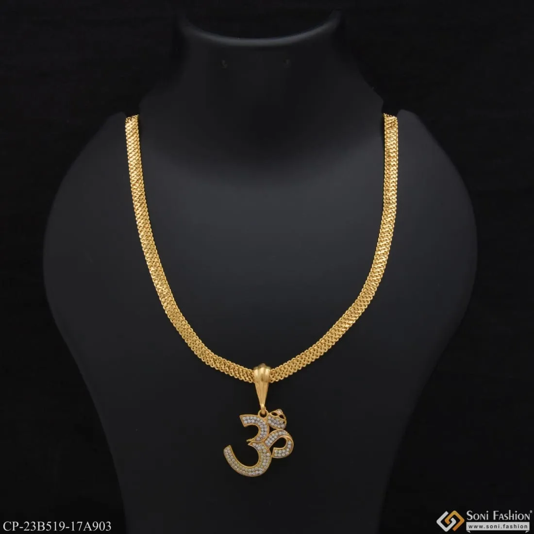 1 Gram gold - Om with Diamond Gold Plated Chain Pendant Combo for Men (CP-B519-A903)