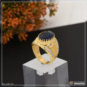 1 Gram Gold Plated Blue Stone With Diamond Antique Design Ring For Men - Style B370