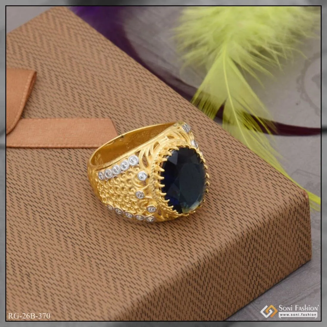 1 Gram Gold Plated Blue Stone With Diamond Antique Design Ring For Men - Style B370