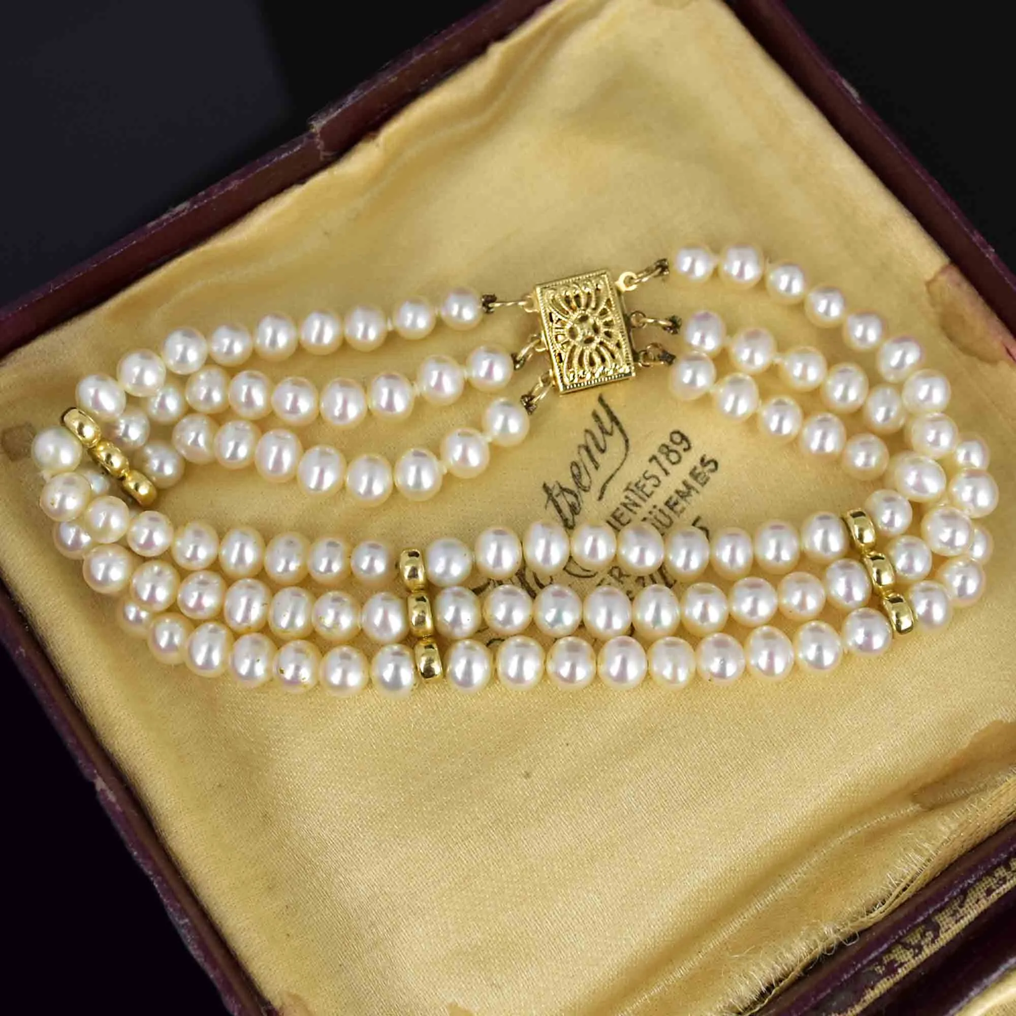 14K Gold Three Row Cultured Pearl Bracelet