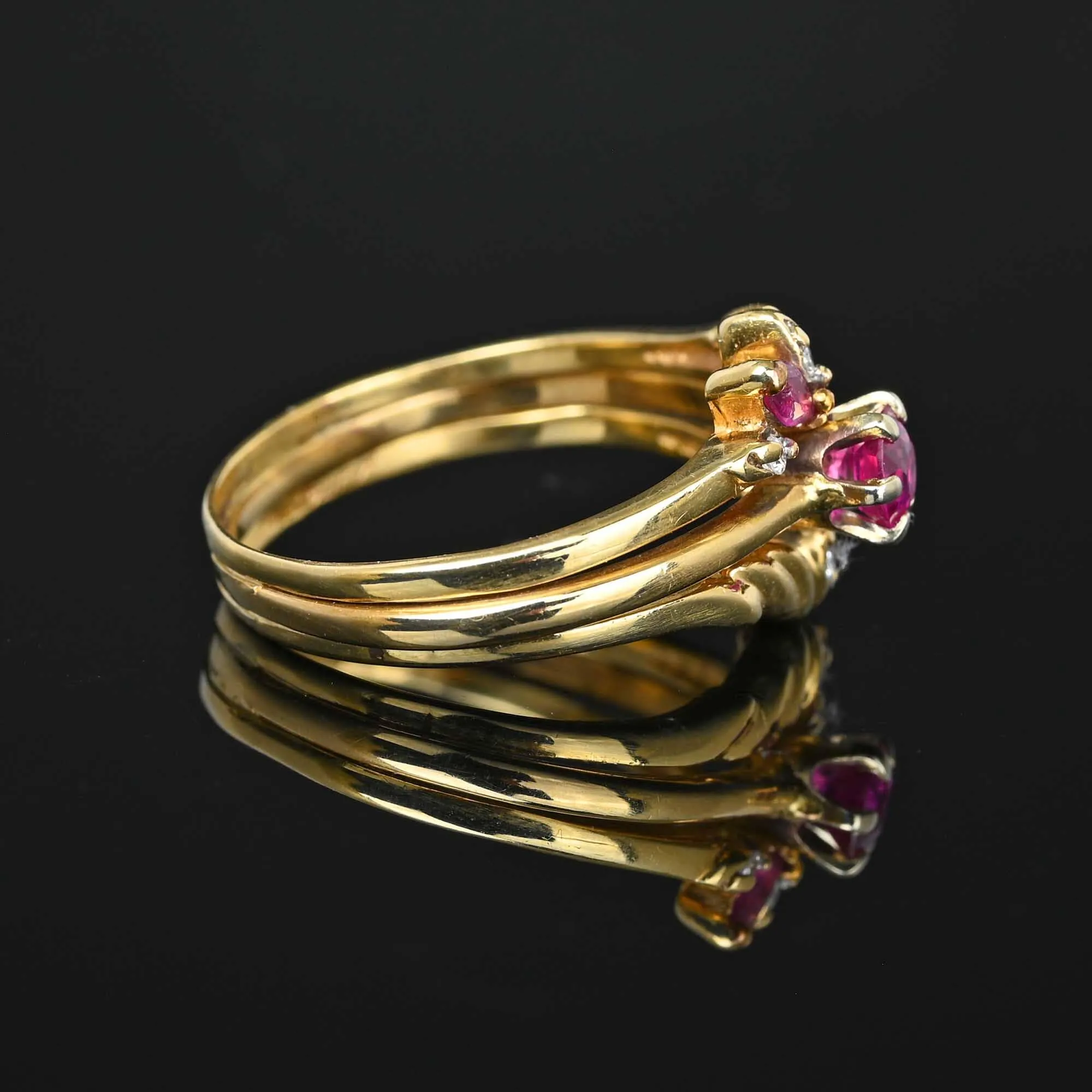 14K Gold Triple Band Diamond Ruby Cluster Ring