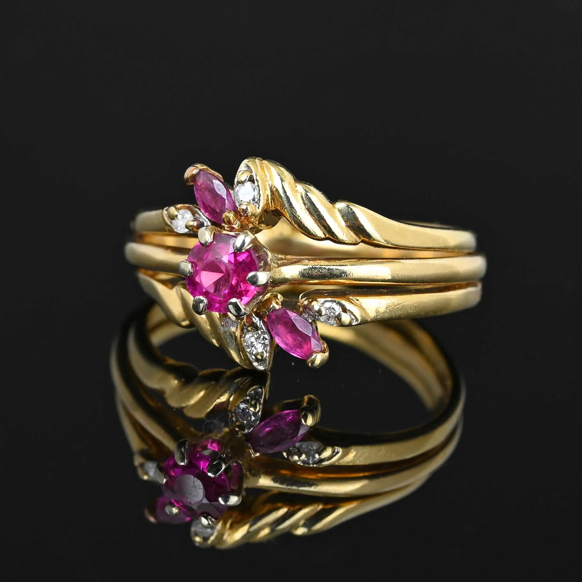 14K Gold Triple Band Diamond Ruby Cluster Ring