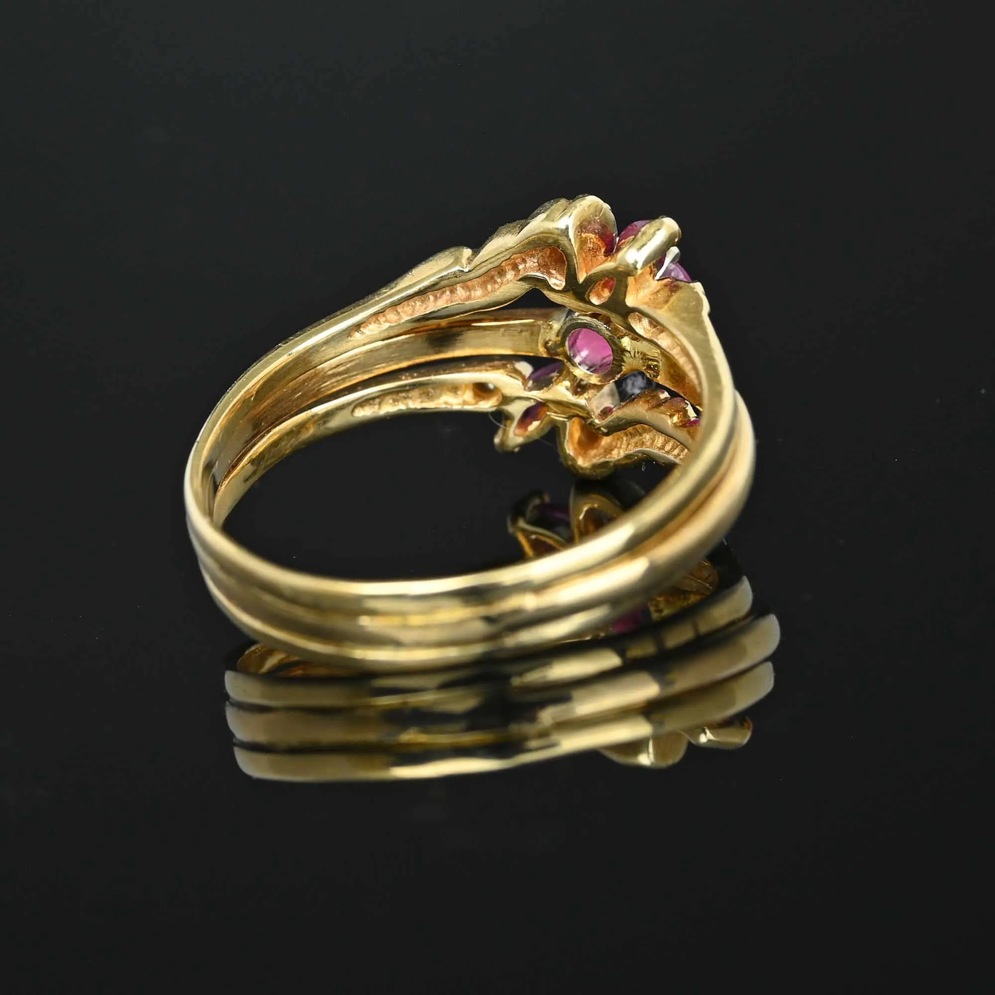 14K Gold Triple Band Diamond Ruby Cluster Ring