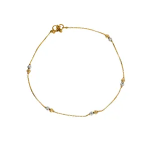 22K Multi Tone Gold Box Link Anklets Set of 2 W/ Etched Gold Balls, 10.3 Grams