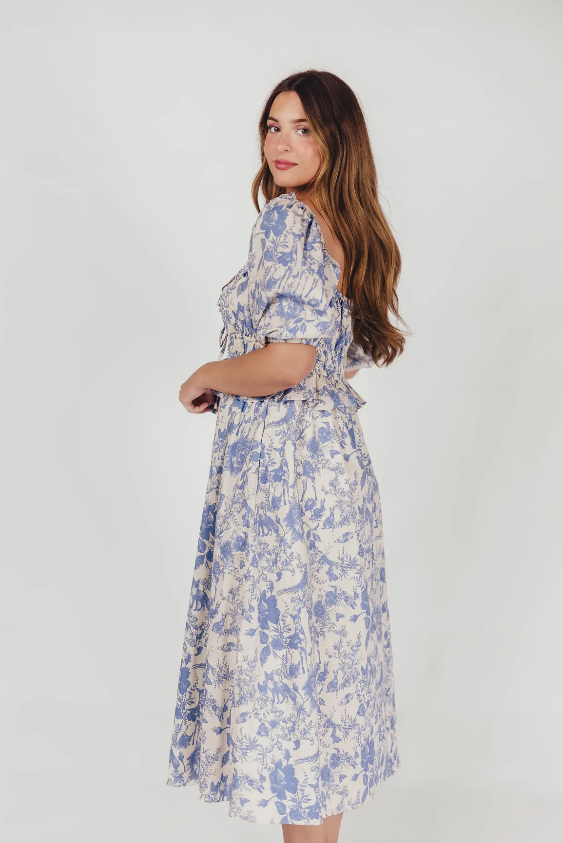 Annabelle Toile Print Midi Dress in Blue