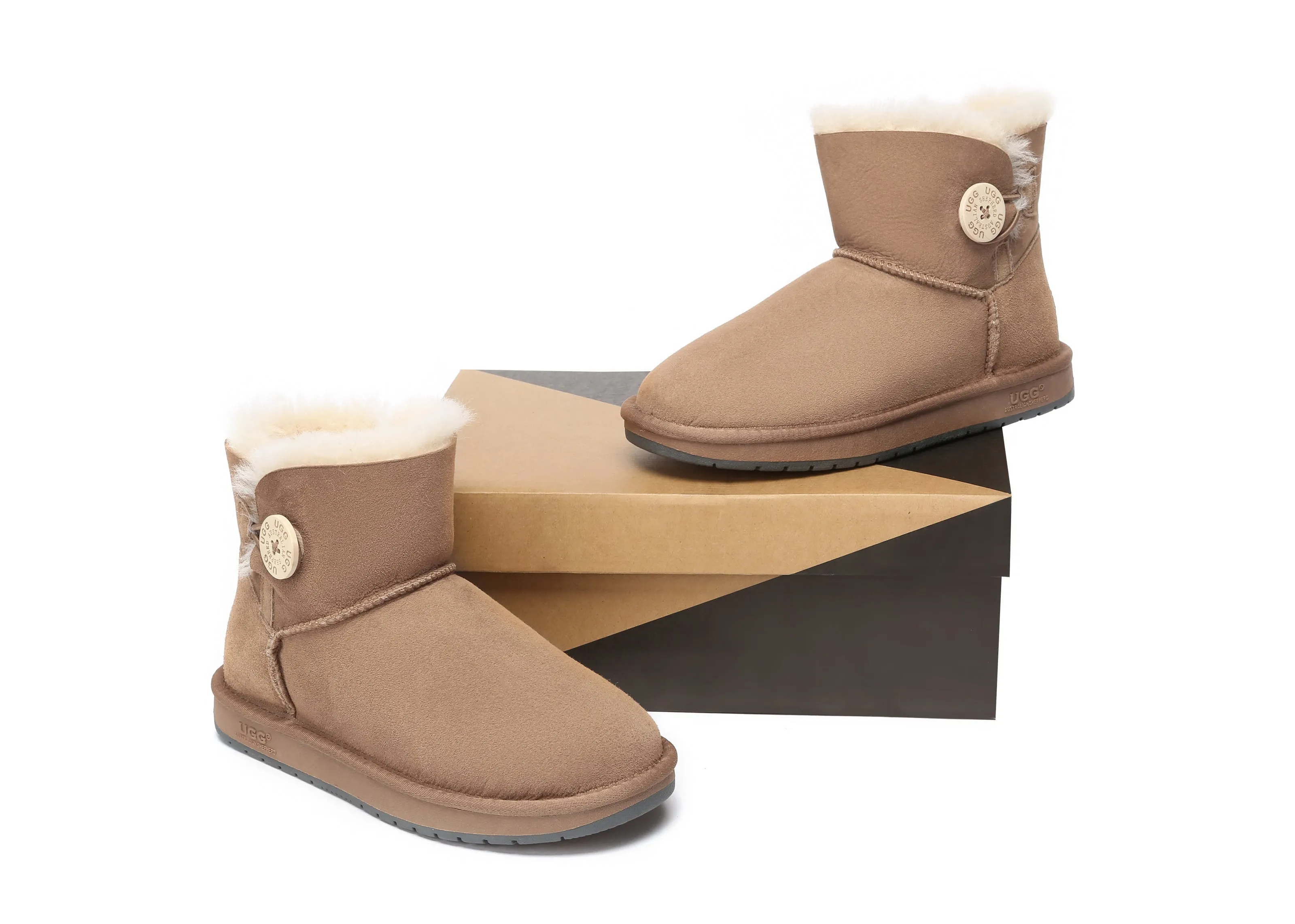 Australia Premium Double Face Sheepskin Water Resistant Mini Button Boots