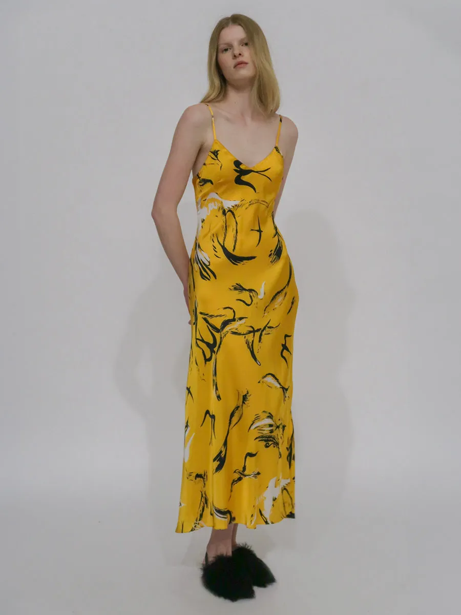 BIAS SLIP DRESS - PAINTED BIRDS