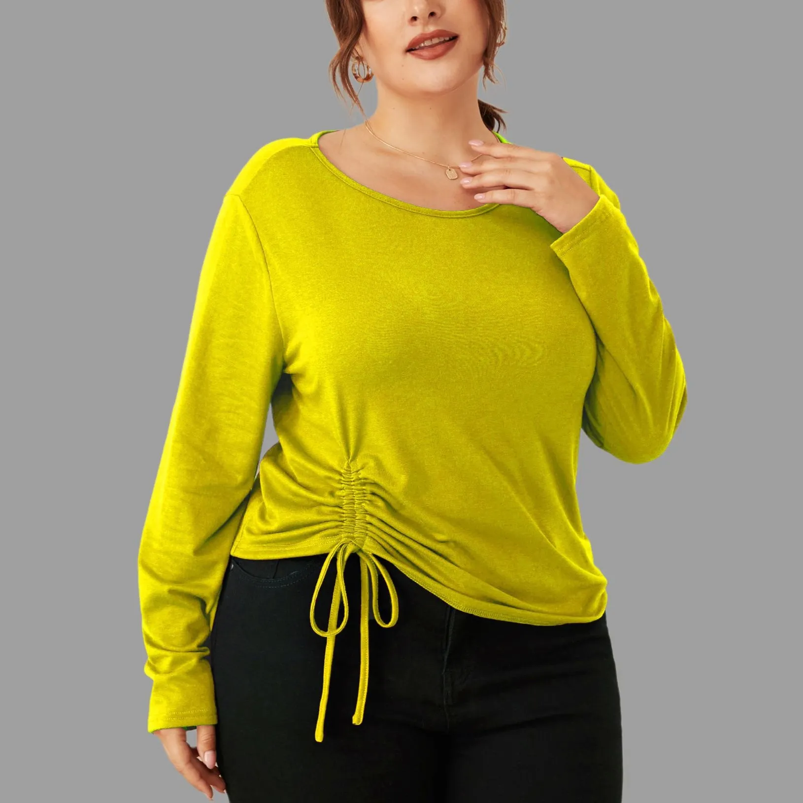 Casual Crew Neck Drawstring Top Solid Color Long Sleeve Wholesale Plus Size Clothing