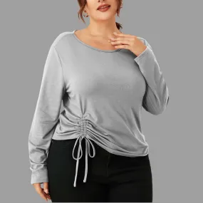 Casual Crew Neck Drawstring Top Solid Color Long Sleeve Wholesale Plus Size Clothing