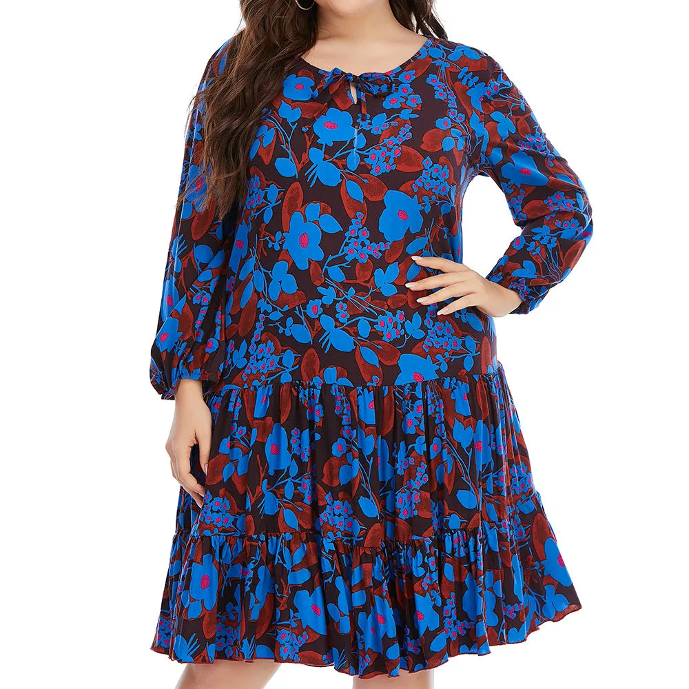 Casual Floral Swing Dress Loose Long Sleeve Dresses Wholesale Plus Size Clothing