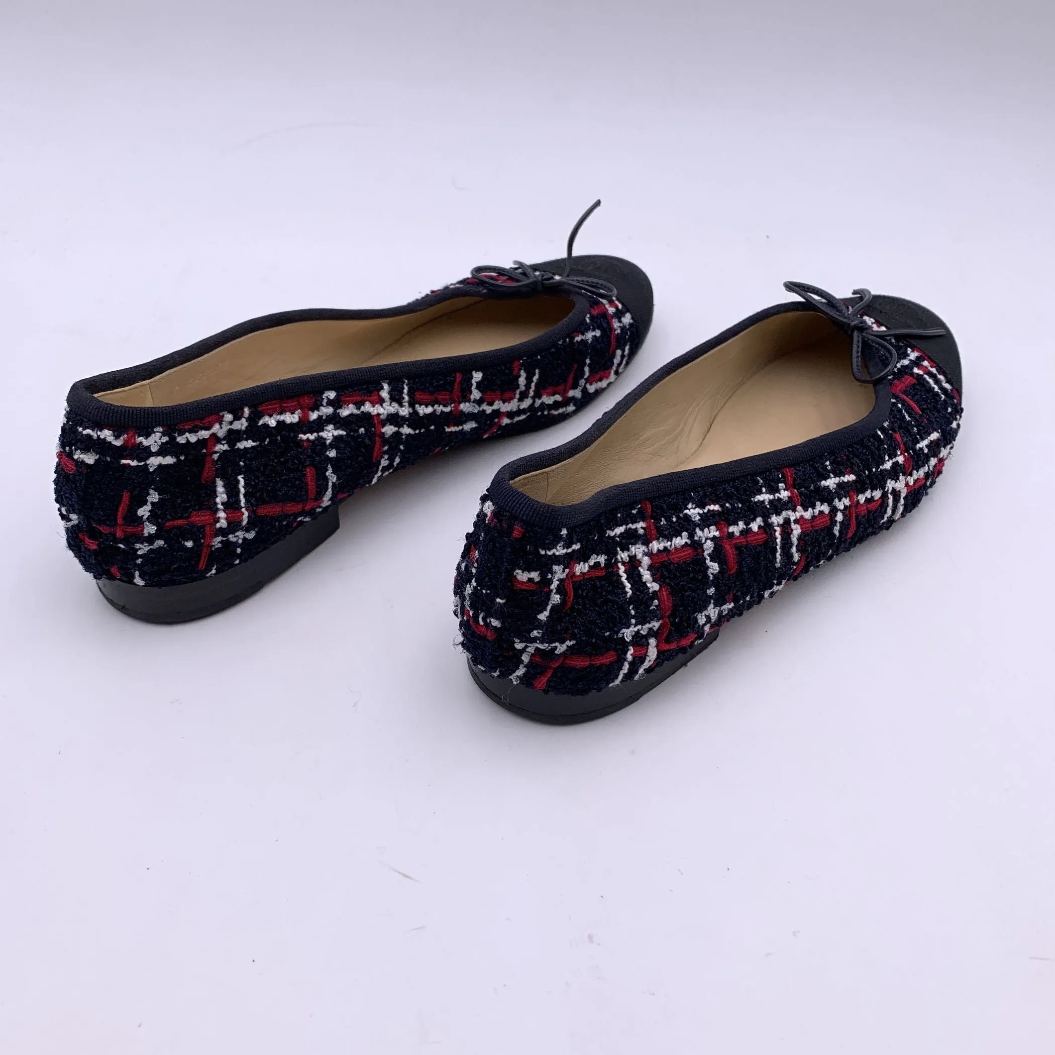 Chanel Blue Red White Tweed Ballet Flats Shoes Size 40.5 C