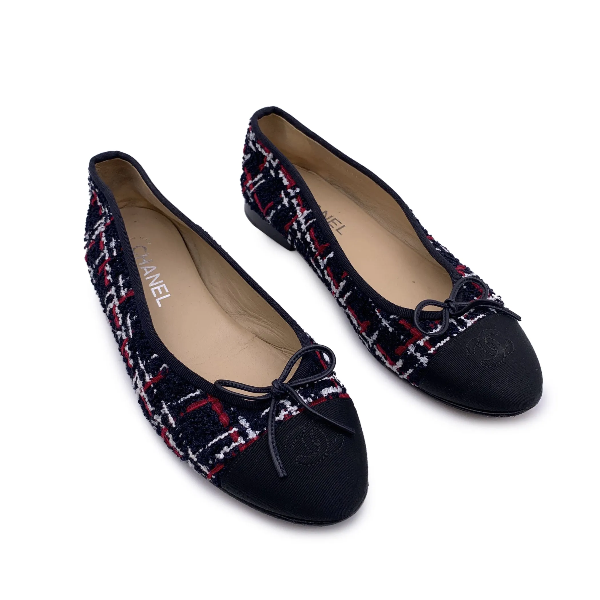 Chanel Blue Red White Tweed Ballet Flats Shoes Size 40.5 C