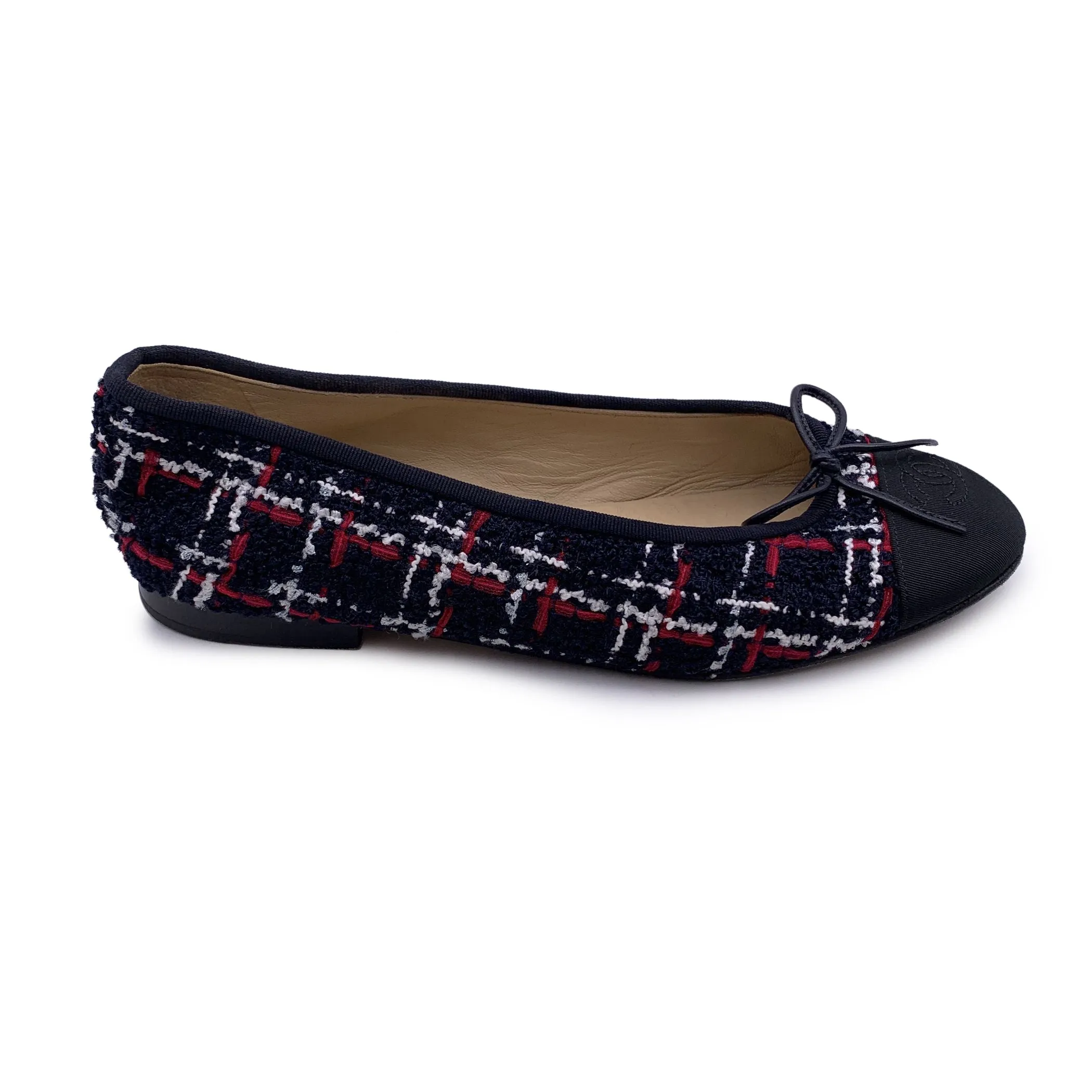 Chanel Blue Red White Tweed Ballet Flats Shoes Size 40.5 C