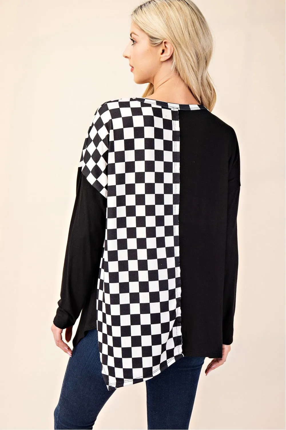 Checkered Contrast Top With Asymmetrical Hemline - Black  - PREORDER