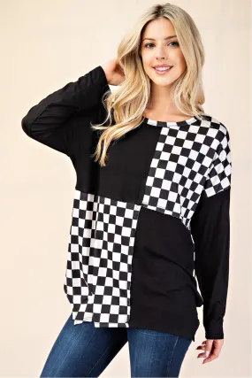 Checkered Contrast Top With Asymmetrical Hemline - Black  - PREORDER