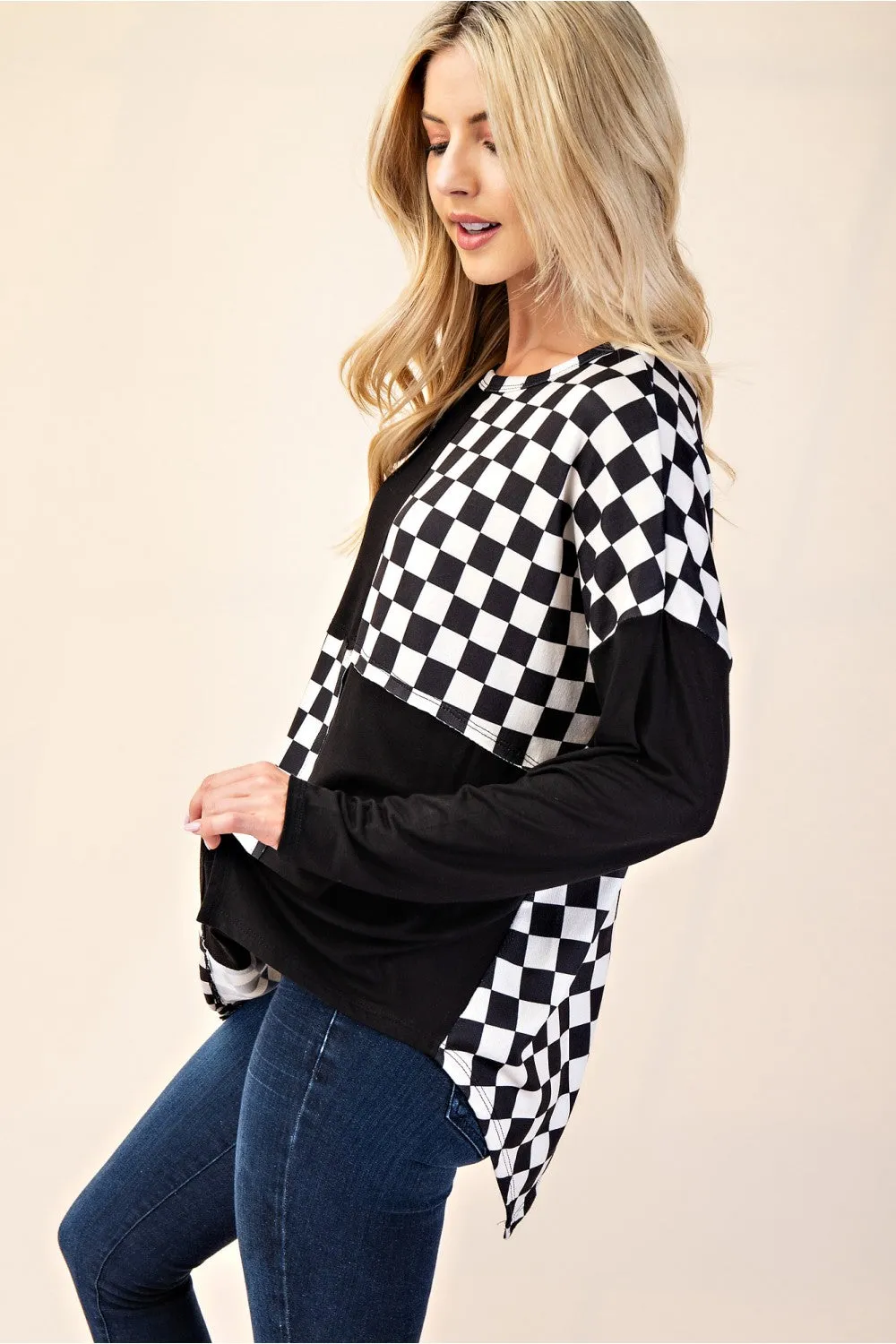 Checkered Contrast Top With Asymmetrical Hemline - Black  - PREORDER