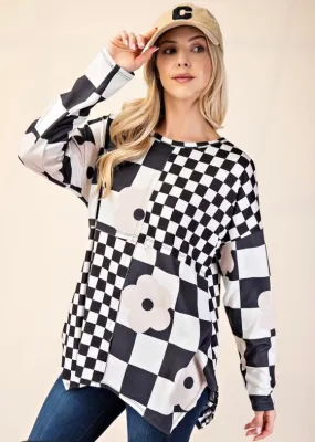 Checkered Contrast Top With Asymmetrical Hemline - BLACK/NEUTRAL  - PREORDER