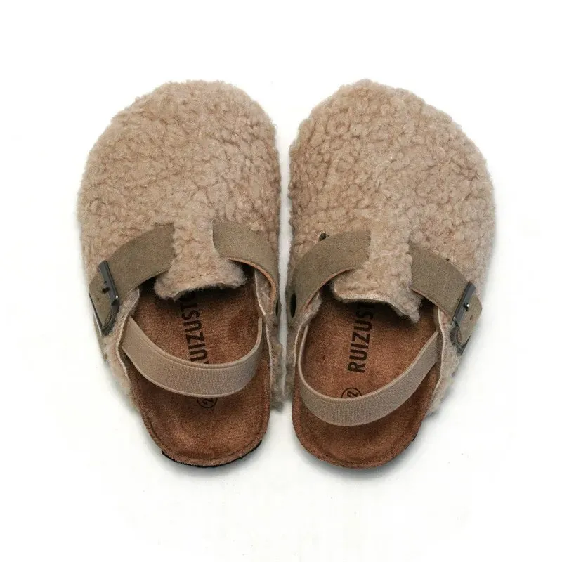 Comfortable Kids' Faux Fur Buckle Cork Mules in Chocolate and Apricot