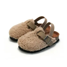 Comfortable Kids' Faux Fur Buckle Cork Mules in Chocolate and Apricot