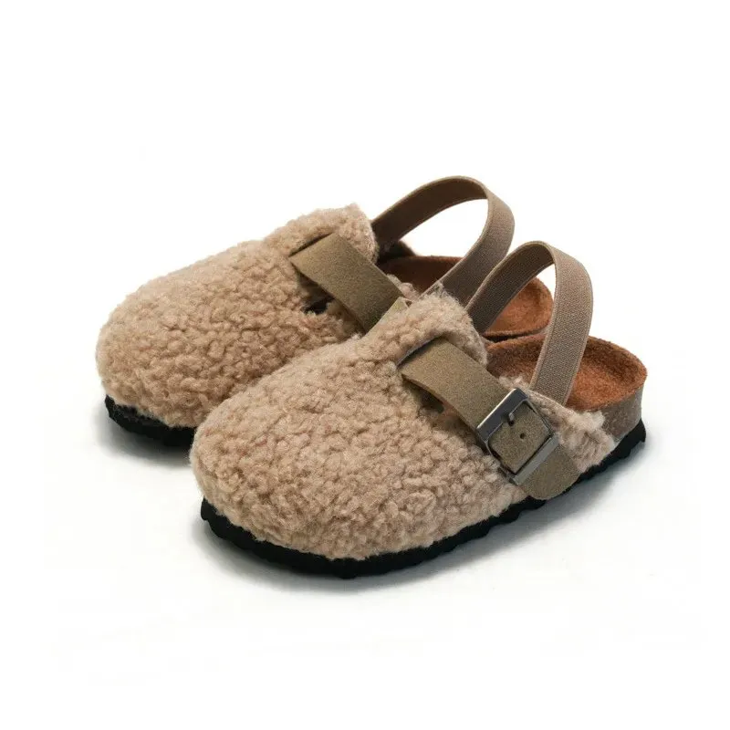 Comfortable Kids' Faux Fur Buckle Cork Mules in Chocolate and Apricot