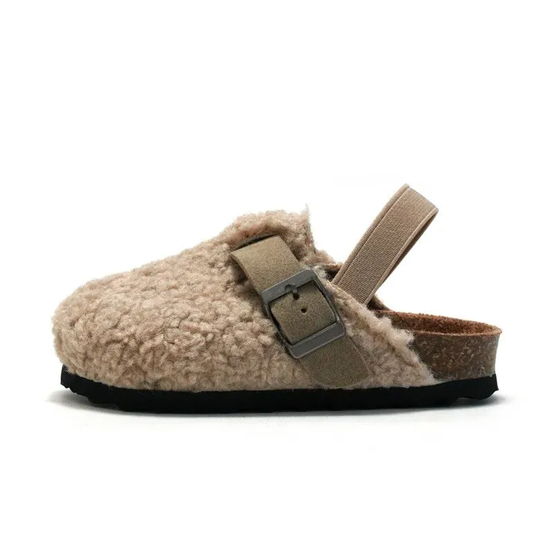 Comfortable Kids' Faux Fur Buckle Cork Mules in Chocolate and Apricot