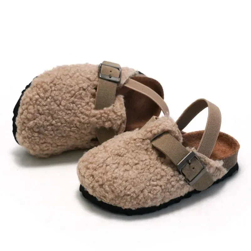 Comfortable Kids' Faux Fur Buckle Cork Mules in Chocolate and Apricot