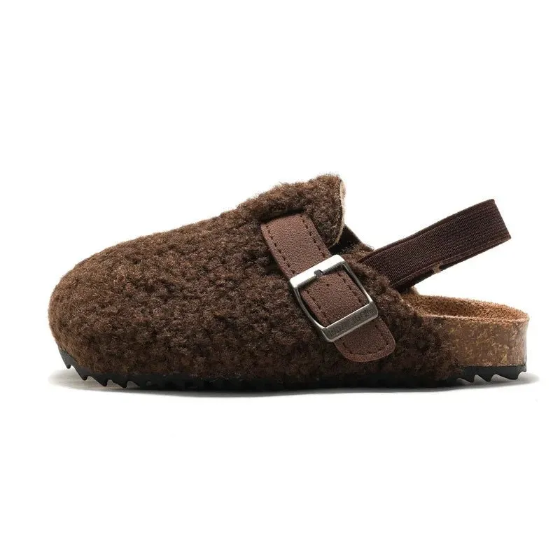 Comfortable Kids' Faux Fur Buckle Cork Mules in Chocolate and Apricot