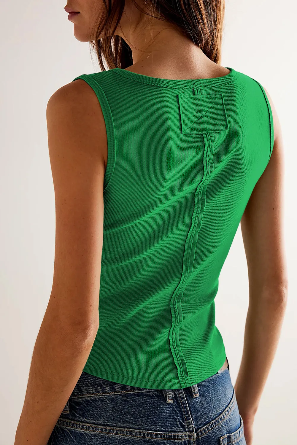 Dark Green Ribbed Exposed Seam Cropped Tank Top