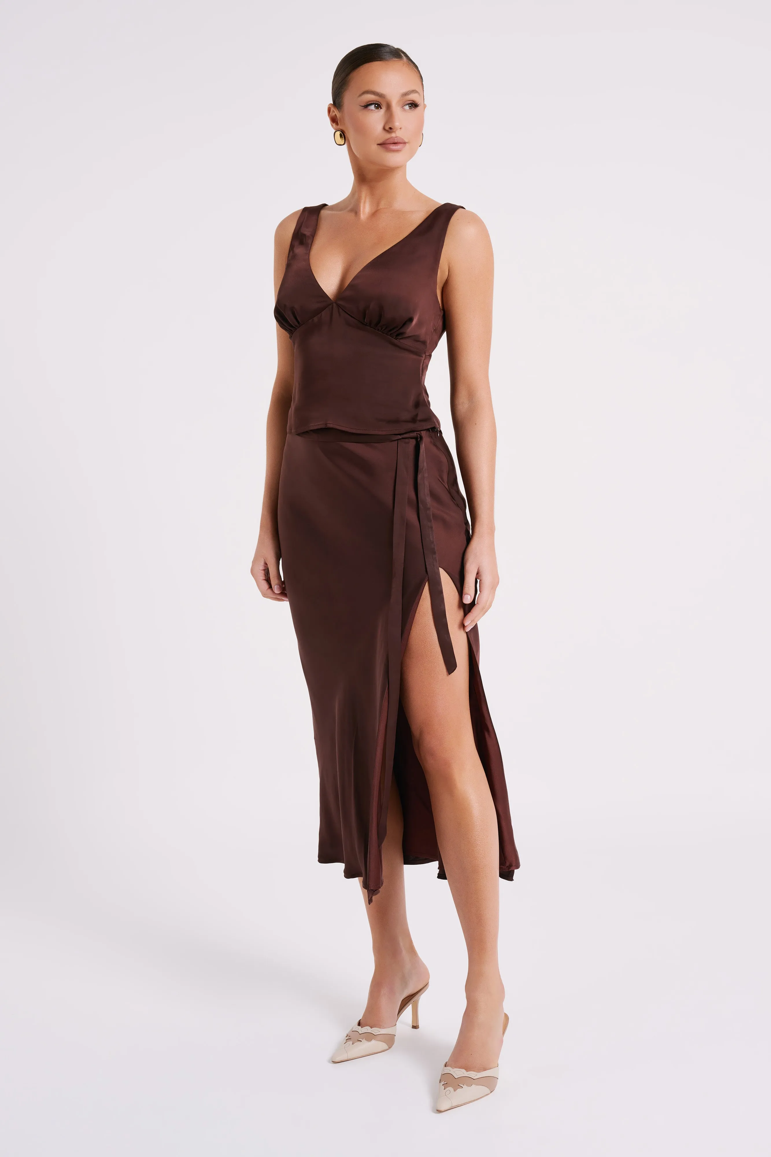 Edie Satin Midi Skirt With Tie - Dark Chocolate