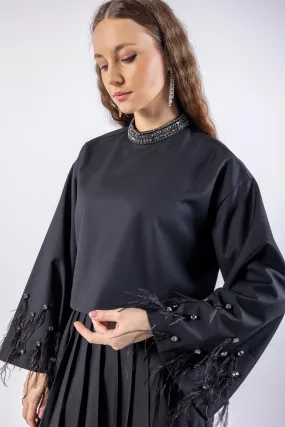 Feather Sleeves & Embellished Neckline Top