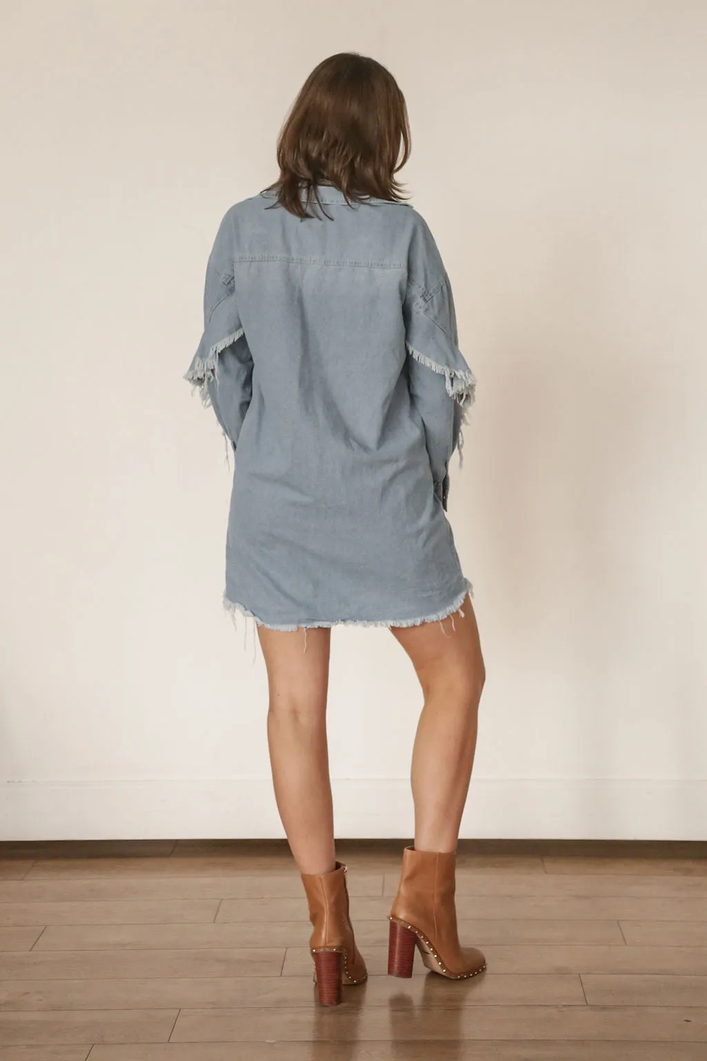 Fringe Denim Button Down Tunic Dress