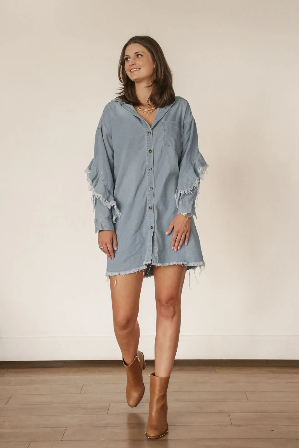 Fringe Denim Button Down Tunic Dress