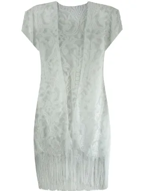 Ivory Long Lace Kimono Cover Up With Fringe