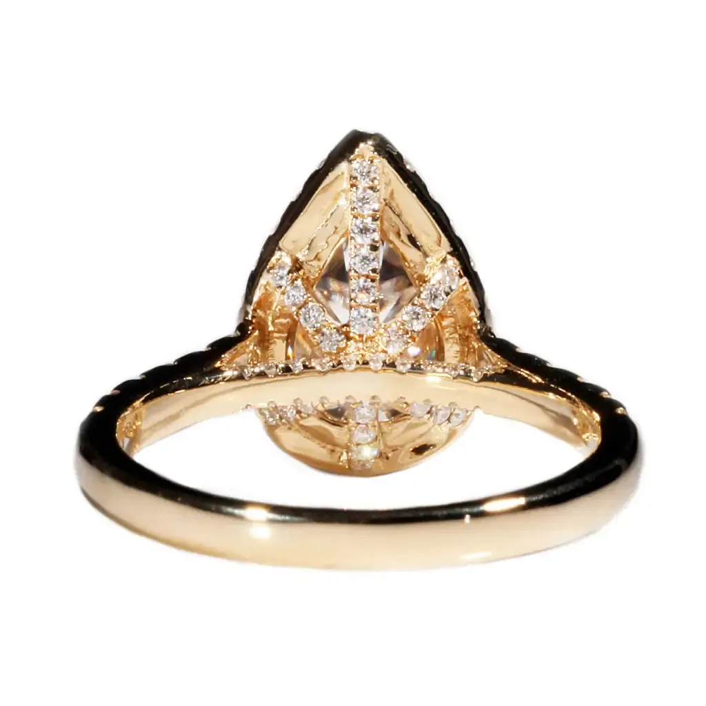 Maisyn Pear Moissanite with Halo in Pave Band Ring in 18K gold