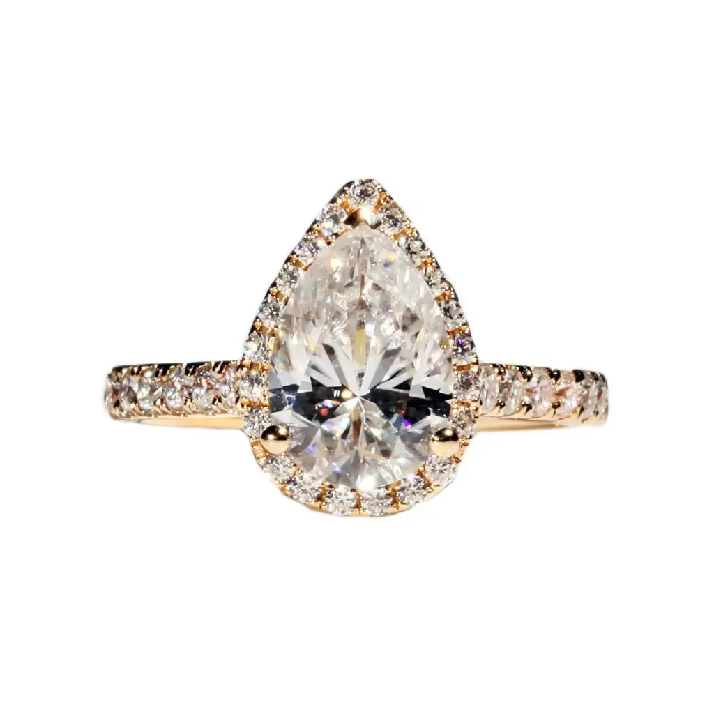 Maisyn Pear Moissanite with Halo in Pave Band Ring in 18K gold