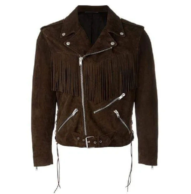 Men's Fringe Motorcycle Suede Jacket Men's Clothing, Men's Cow Boy Brown Western Jacket