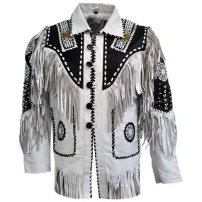 Men's Suede Fringe Jacket White Black Cow Hide Stylish Suede Jacket