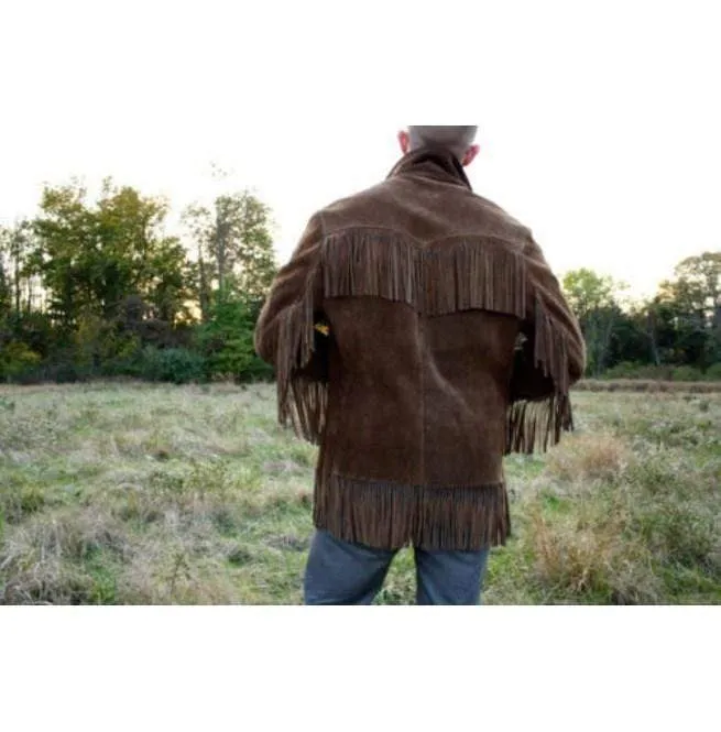 Men's Western Suede Jacket, Dark Brown Cowboy Suede Fringe Jacket