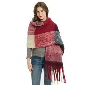 Multicolor Burgundy Check Pattern Fringe Trim Oversized Knit Scarf