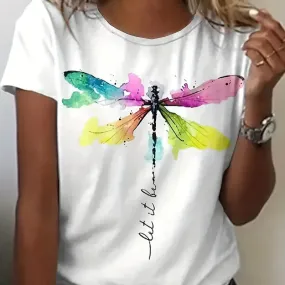 Plus Size Casual T-shirt Women's Plus Dragonfly & Art Letter Print Short Sleeve Round Neck T-shirt