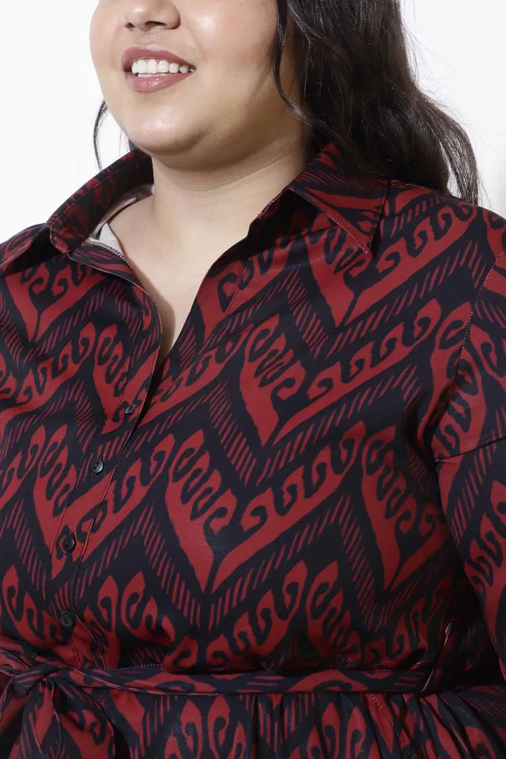 Plus Size Maroon Printed Crepe Shirt Dress