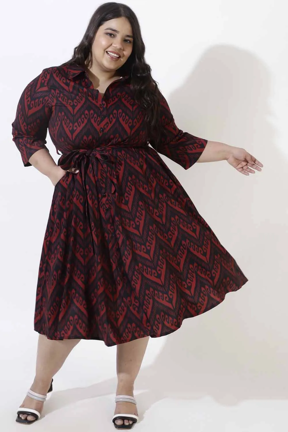 Plus Size Maroon Printed Crepe Shirt Dress