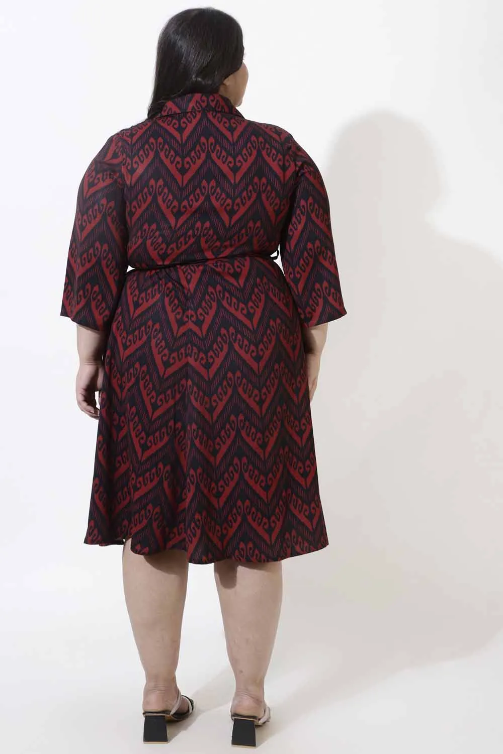 Plus Size Maroon Printed Crepe Shirt Dress