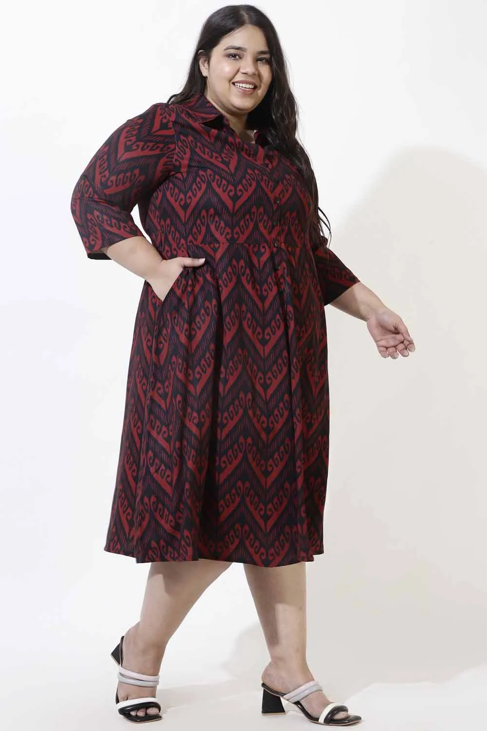 Plus Size Maroon Printed Crepe Shirt Dress