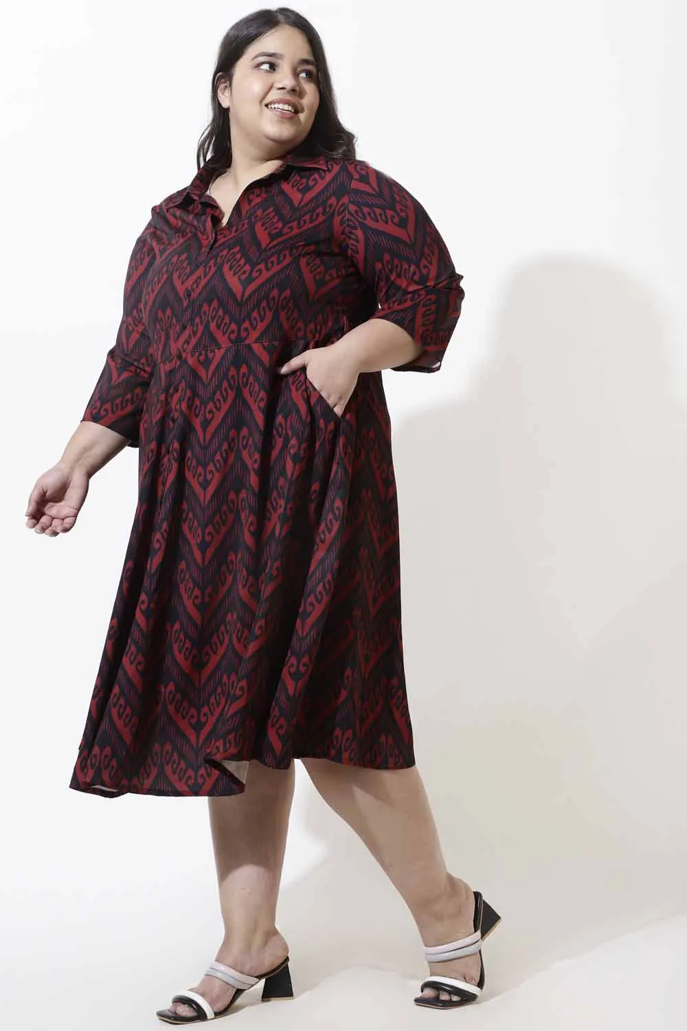 Plus Size Maroon Printed Crepe Shirt Dress