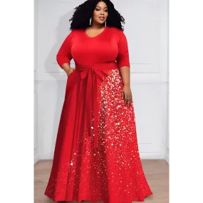 Plus Size Semi Formal Maxi Dresses Casual Red Gradient Fall Winter V Neck 3/4 Sleeve Wrap Knitted Maxi Dresses With Pocket