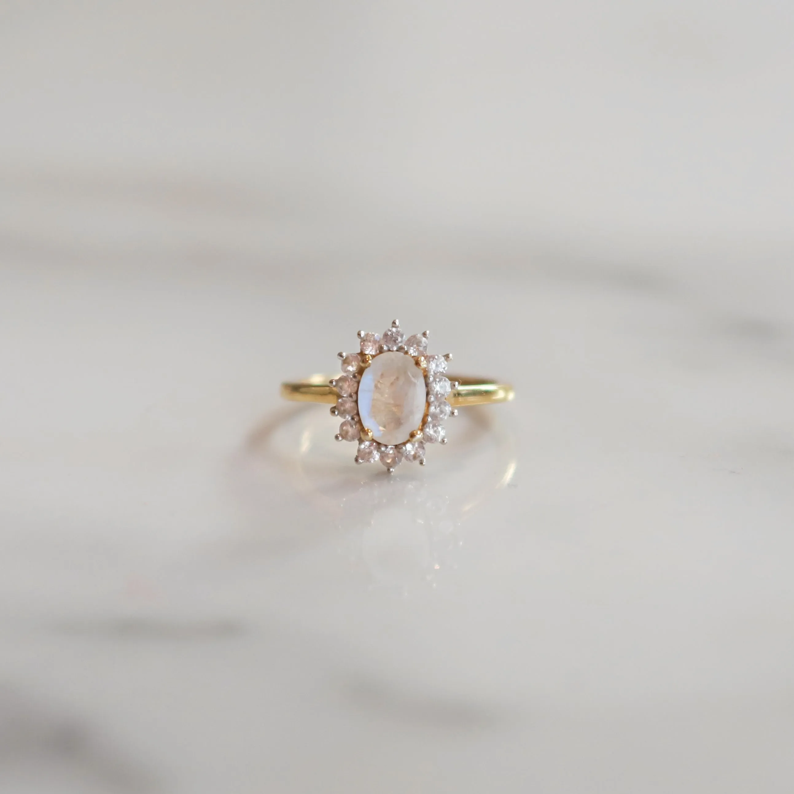 Vintage Polly Moonstone Halo Ring | Size J | 9ct Gold Plated